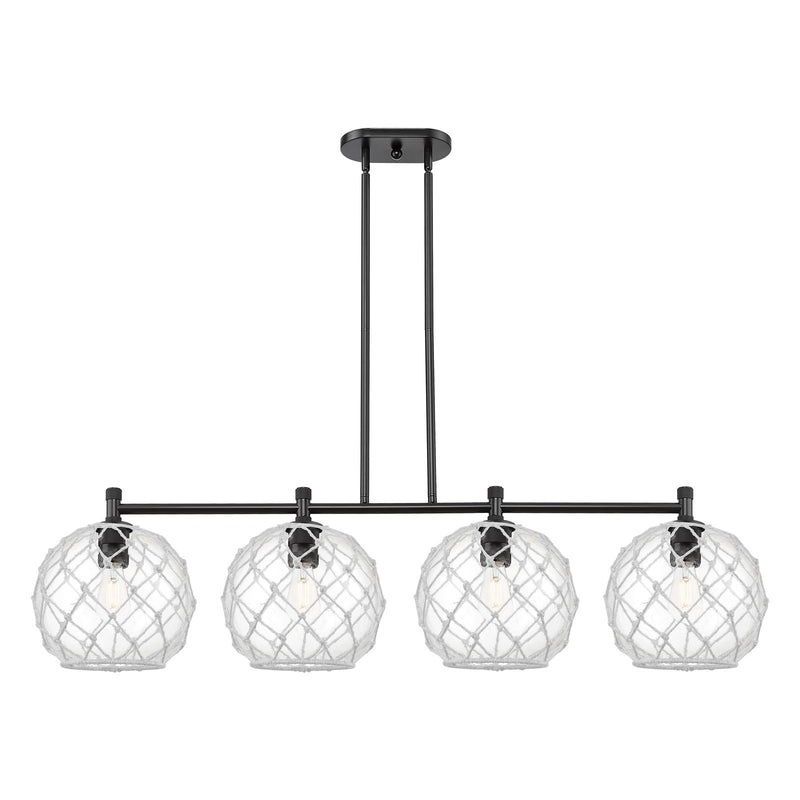 Innovations Farmhouse Rope 50in 4-Light Island | Industrial Matte Black and Clear Glass White Rope | Kitchen Island | Model 434-4I-BK-G122-10RW
