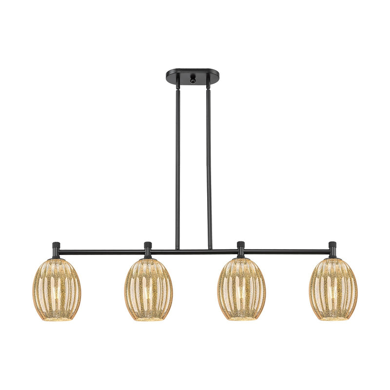 Innovations Preston Bulb 46.5in 4-Light Island Light | Industrial Matte Black and Mercury Glass | Kitchen Island & Dining | Model 434-4I-BK-G459-6ME