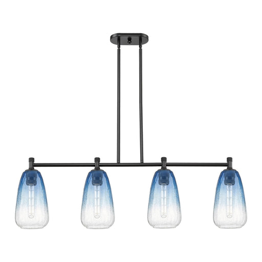 Innovations Brookhaven Almond 46in 4-Light Island Light | Industrial Matte Black and Sapphire Blue Glass | Kitchen Island | Model 434-4I-BK-G480-6SB