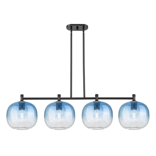 Innovations Brookhaven Sphere 51in 4-Light Island Light | Industrial Matte Black and Sapphire Blue Glass | Kitchen Island | Model 434-4I-BK-G481-10SB