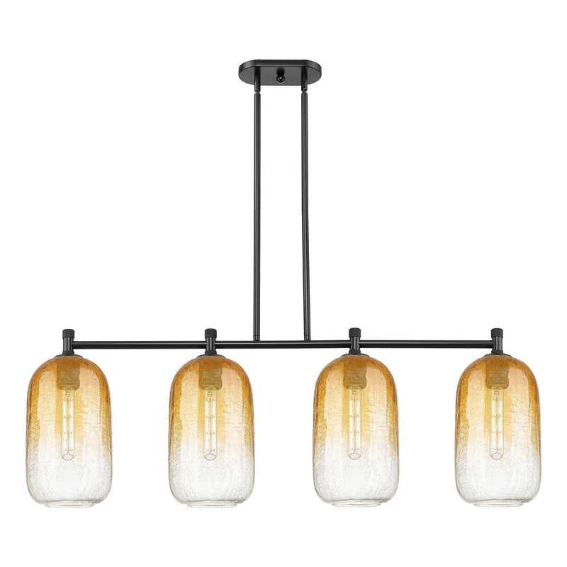 Innovations Brookhaven Cloche 47in 4-Light Island Light | Industrial Matte Black and Amber Glass | Kitchen Island & Dining | Model 434-4I-BK-G482-7AM