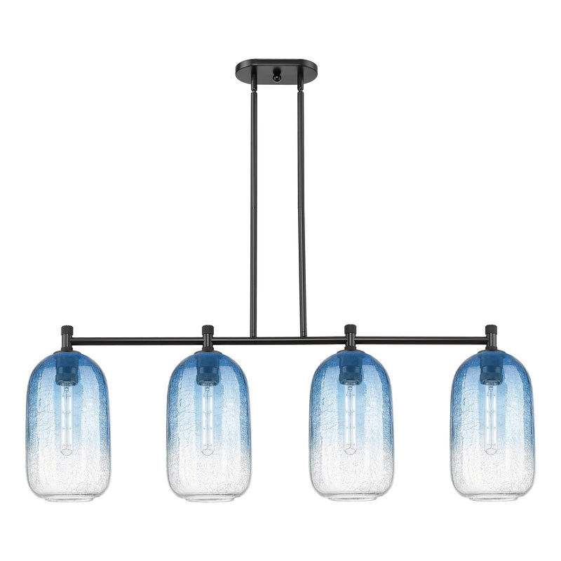 Innovations Brookhaven Cloche 47in 4-Light Island Light | Industrial Matte Black and Sapphire Blue Glass | Kitchen Island | Model 434-4I-BK-G482-7SB