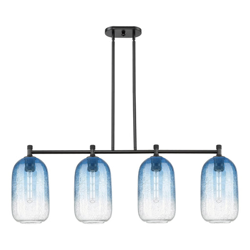 Innovations Brookhaven Cloche 47in 4-Light Island Light | Industrial Matte Black and Sapphire Blue Glass | Kitchen Island | Model 434-4I-BK-G482-7SB