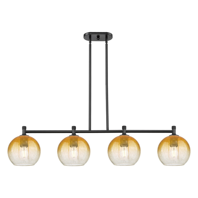 Innovations Brookhaven Globe 48in 4-Light Island Light | Industrial Matte Black and Amber Glass | Kitchen Island & Dining | Model 434-4I-BK-G483-8AM