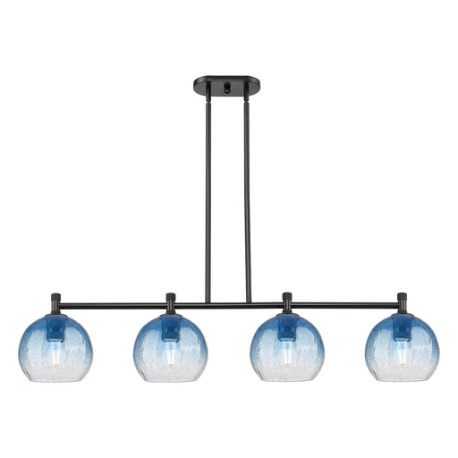 Innovations Brookhaven Globe 48in 4-Light Island Light | Industrial Matte Black and Sapphire Blue Glass | Kitchen Island | Model 434-4I-BK-G483-8SB