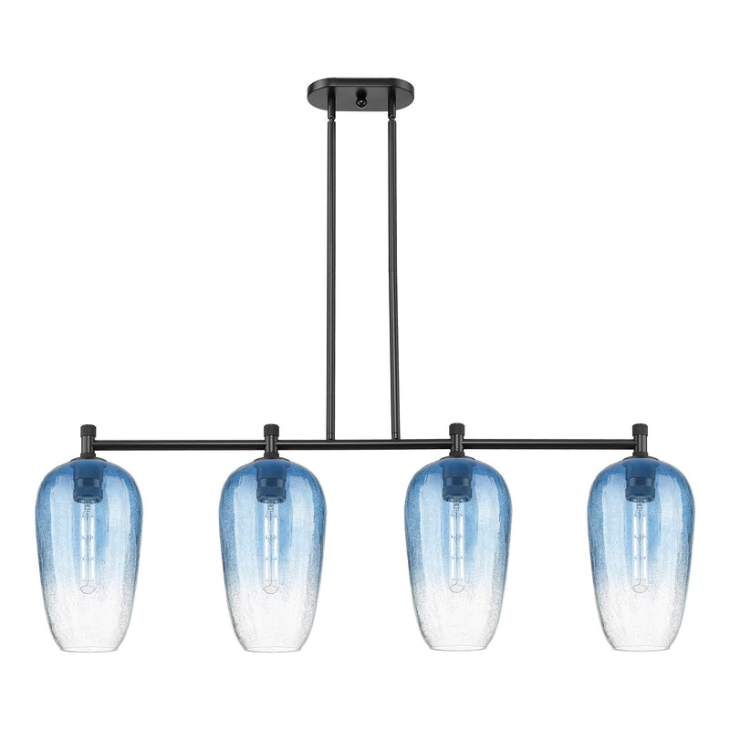 Innovations Brookhaven Flute 47in 4-Light Island Light | Industrial Matte Black and Sapphire Blue Glass | Kitchen Island | Model 434-4I-BK-G484-7SB