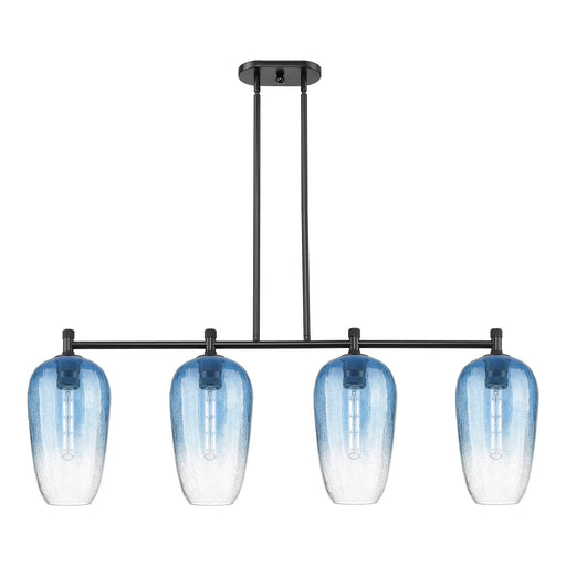 Innovations Brookhaven Flute 47in 4-Light Island Light | Industrial Matte Black and Sapphire Blue Glass | Kitchen Island | Model 434-4I-BK-G484-7SB