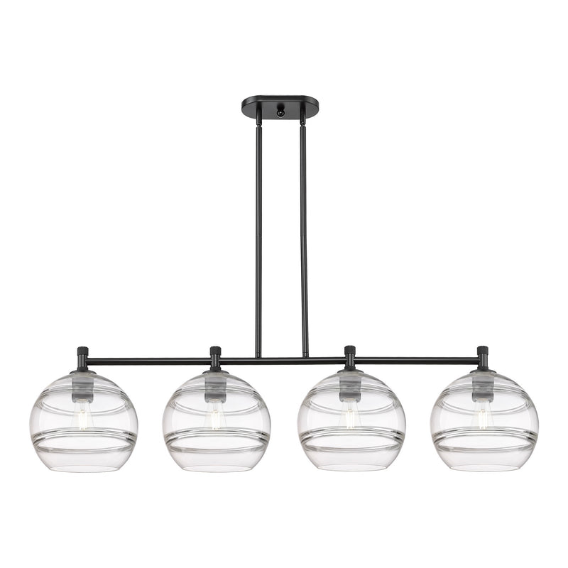 Innovations Rochester 50in 4-Light Island Light | Industrial Matte Black and Clear Glass | Kitchen Island & Dining Room | Model 434-4I-BK-G556-10CL