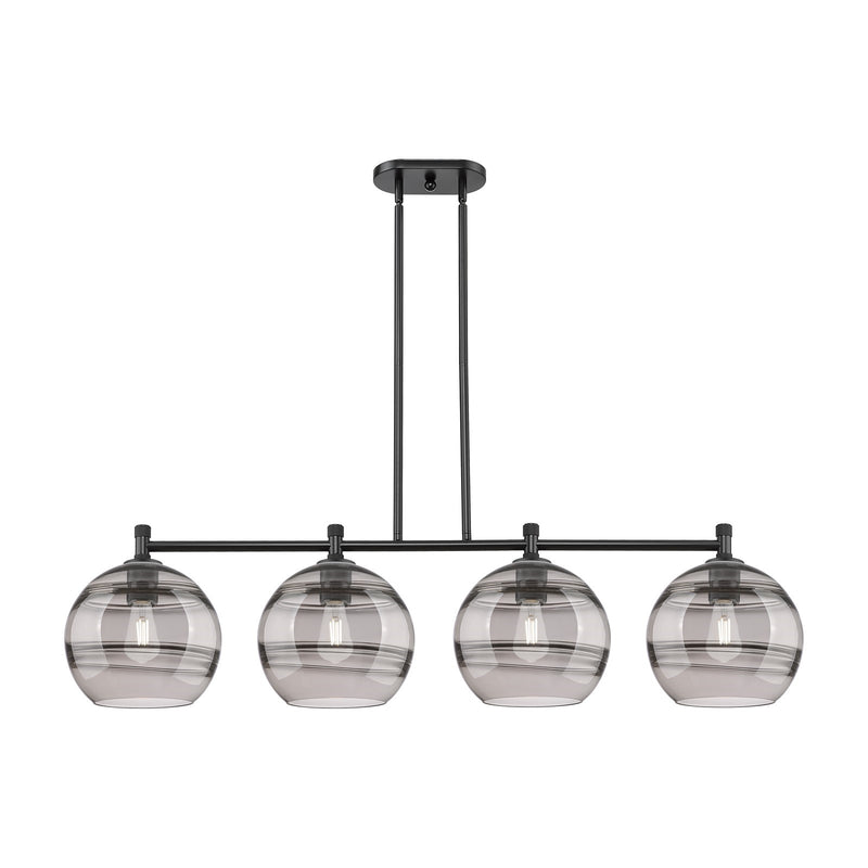 Innovations Rochester 50in 4-Light Island Light | Industrial Matte Black and Light Smoke Glass | Kitchen Island & Dining | Model 434-4I-BK-G556-10SM