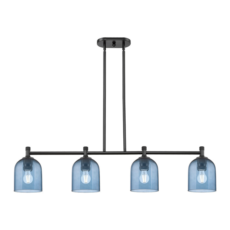 Innovations Bella 46in 4-Light Island Light | Industrial Matte Black and Blue Glass | Kitchen Island & Dining Room | Model 434-4I-BK-G558-6BL