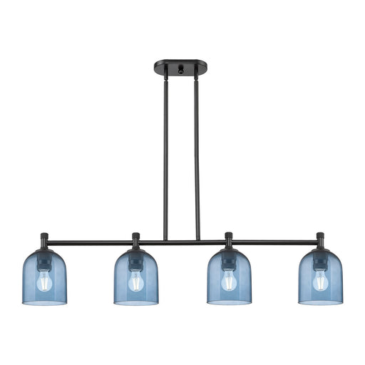 Innovations Bella 46in 4-Light Island Light | Industrial Matte Black and Blue Glass | Kitchen Island & Dining Room | Model 434-4I-BK-G558-6BL