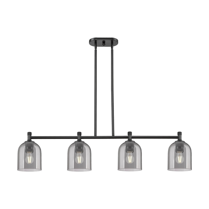 Innovations Bella 46in 4-Light Island Light | Industrial Matte Black and Light Smoke Glass | Kitchen Island & Dining Room | Model 434-4I-BK-G558-6SM
