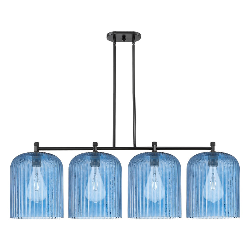 Innovations Crown Point 52in 4-Light Island Light | Industrial Matte Black and Princess Blue Glass | Kitchen Island | Model 434-4I-BK-G559-12BL