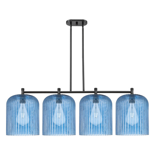 Innovations Crown Point 52in 4-Light Island Light | Industrial Matte Black and Princess Blue Glass | Kitchen Island | Model 434-4I-BK-G559-12BL