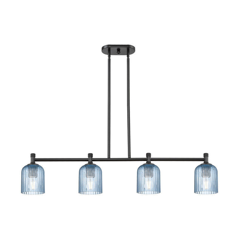 Innovations Crown Point 45in 4-Light Island Light | Industrial Matte Black and Princess Blue Glass | Kitchen Island | Model 434-4I-BK-G559-5BL