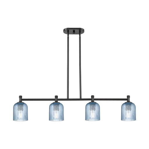 Innovations Crown Point 45in 4-Light Island Light | Industrial Matte Black and Princess Blue Glass | Kitchen Island | Model 434-4I-BK-G559-5BL