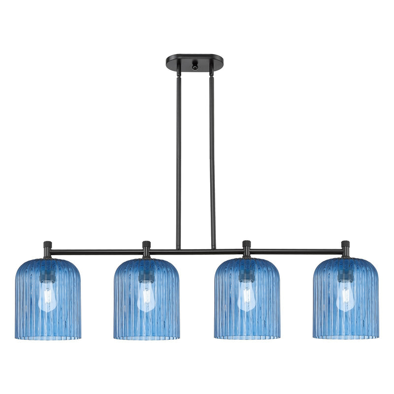 Innovations Crown Point 48in 4-Light Island Light | Industrial Matte Black and Princess Blue Glass | Kitchen Island | Model 434-4I-BK-G559-8BL