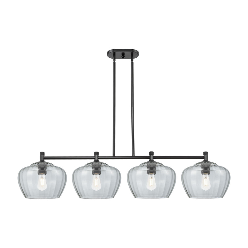 Innovations Fenton 51in 4-Light Island Light | Industrial Matte Black and Clear Ribbed Glass | Kitchen Island & Dining Room | Model 434-4I-BK-G92-L