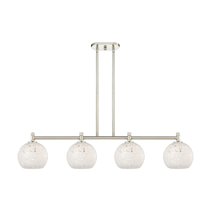 Innovations White Mouchette 48in 4-Light Island Light | Industrial Polished Nickel and White Glass | Kitchen Island | Model 434-4I-PN-G1216-8WM