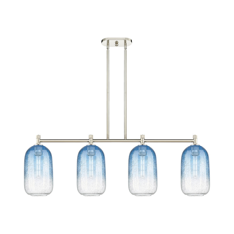 Innovations Brookhaven Cloche 47in 4-Light Island Light | Industrial Polished Nickel and Sapphire Blue Glass | Kitchen | Model 434-4I-PN-G482-7SB