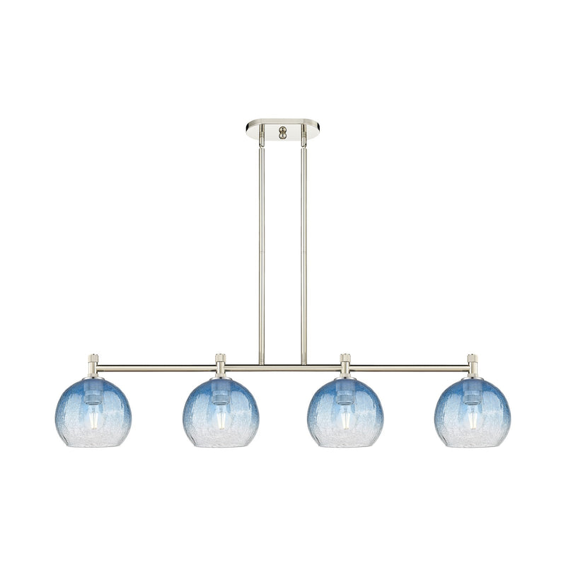 Innovations Brookhaven Globe 48in 4-Light Island Light | Industrial Polished Nickel and Sapphire Blue Glass | Kitchen | Model 434-4I-PN-G483-8SB