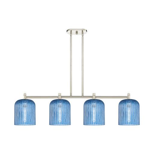 Innovations Crown Point 48in 4-Light Island Light | Industrial Polished Nickel and Princess Blue Glass | Kitchen Island | Model 434-4I-PN-G559-8BL