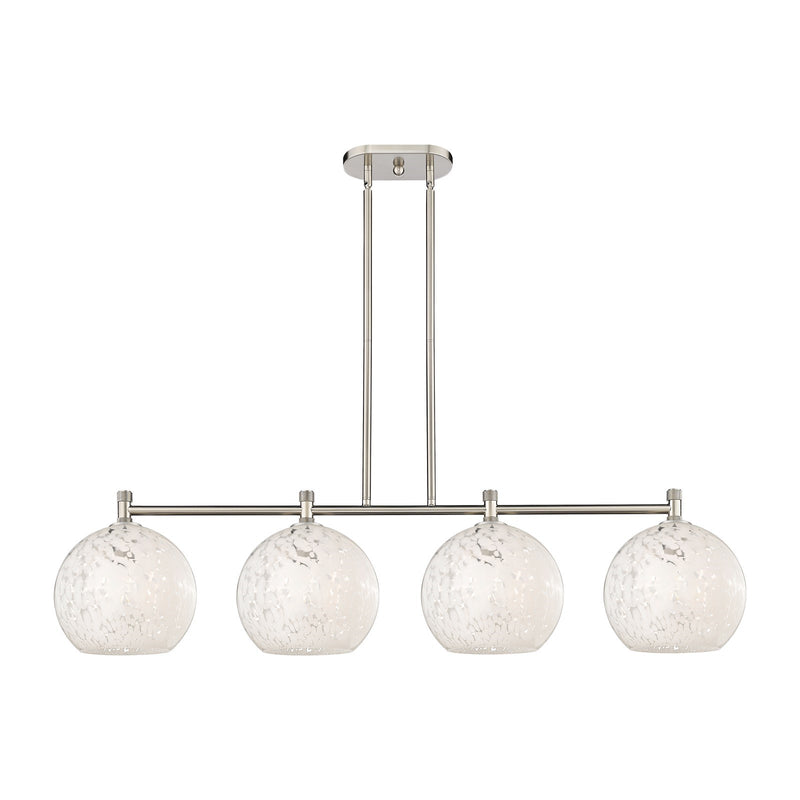 Innovations White Mouchette 50in 4-Light Island | Industrial Satin Nickel and White Mouchette Glass | Kitchen Island | Model 434-4I-SN-G1216-10WM