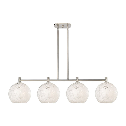 Innovations White Mouchette 50in 4-Light Island | Industrial Satin Nickel and White Mouchette Glass | Kitchen Island | Model 434-4I-SN-G1216-10WM
