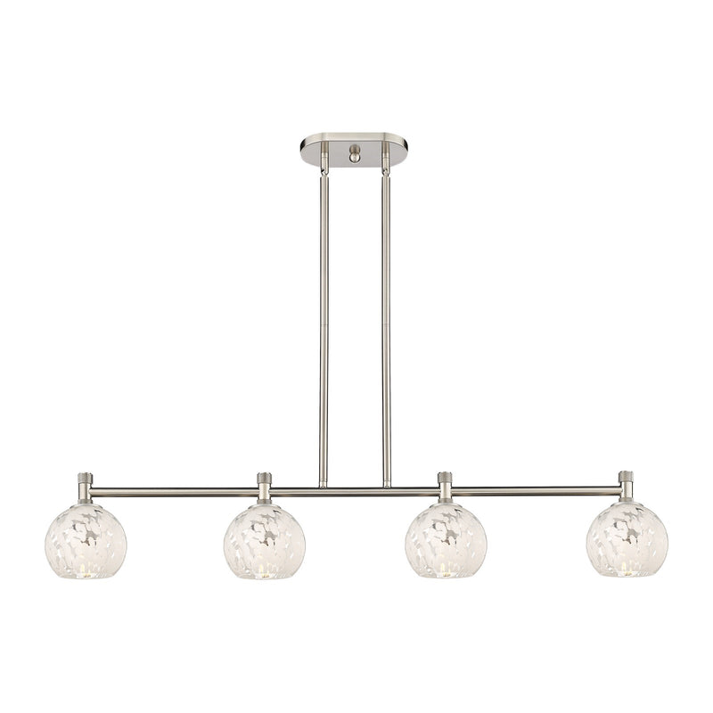 Innovations White Mouchette 46in 4-Light Island | Industrial Satin Nickel and White Mouchette Glass | Kitchen Island | Model 434-4I-SN-G1216-6WM