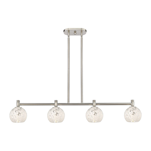 Innovations White Mouchette 46in 4-Light Island | Industrial Satin Nickel and White Mouchette Glass | Kitchen Island | Model 434-4I-SN-G1216-6WM
