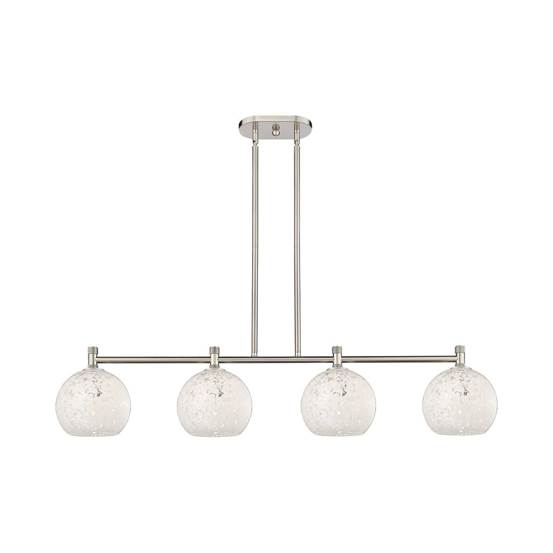 Innovations White Mouchette 48in 4-Light Island | Industrial Satin Nickel and White Mouchette Glass | Kitchen Island | Model 434-4I-SN-G1216-8WM