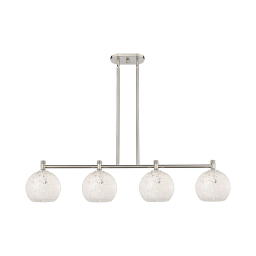 Innovations White Mouchette 48in 4-Light Island | Industrial Satin Nickel and White Mouchette Glass | Kitchen Island | Model 434-4I-SN-G1216-8WM