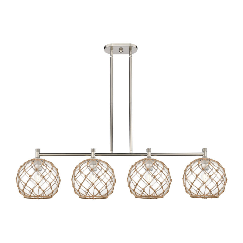 Innovations Farmhouse Rope 50in 4-Light Island | Industrial Satin Nickel and Clear Glass Brown Rope | Kitchen Island | Model 434-4I-SN-G122-10RB