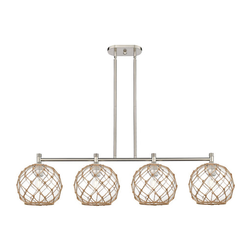 Innovations Farmhouse Rope 50in 4-Light Island | Industrial Satin Nickel and Clear Glass Brown Rope | Kitchen Island | Model 434-4I-SN-G122-10RB