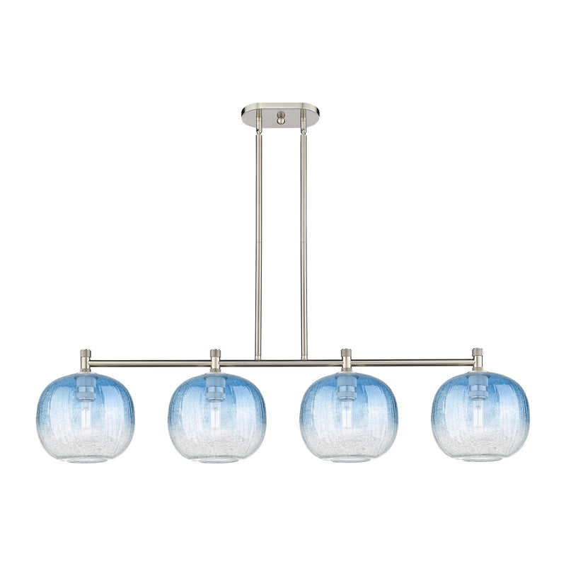 Innovations Brookhaven Sphere 50in 4-Light Island Light | Industrial Satin Nickel and Sapphire Blue Glass | Kitchen | Model 434-4I-SN-G481-10SB