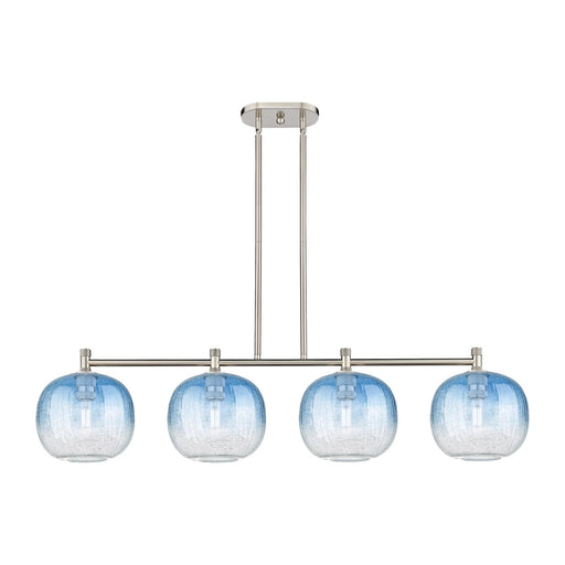 Innovations Brookhaven Sphere 50in 4-Light Island Light | Industrial Satin Nickel and Sapphire Blue Glass | Kitchen | Model 434-4I-SN-G481-10SB