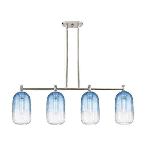 Innovations Brookhaven Cloche 47in 4-Light Island Light | Industrial Satin Nickel and Sapphire Blue Glass | Kitchen Island | Model 434-4I-SN-G482-7SB
