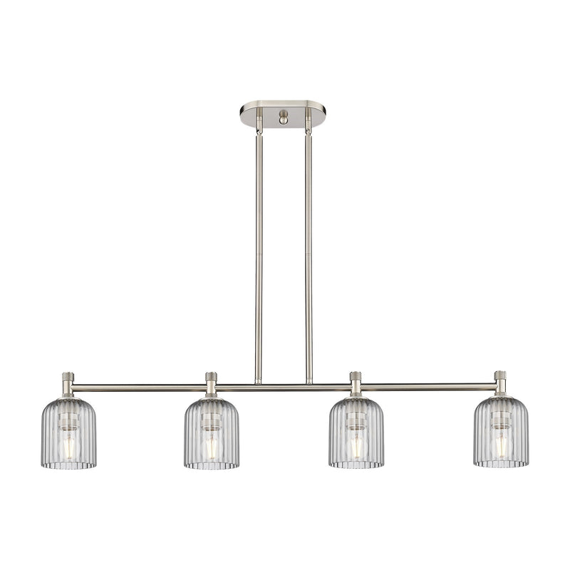 Innovations Crown Point 45in 4-Light Island Light | Industrial Satin Nickel and Light Smoke Glass | Kitchen Island | Model 434-4I-SN-G559-5SM