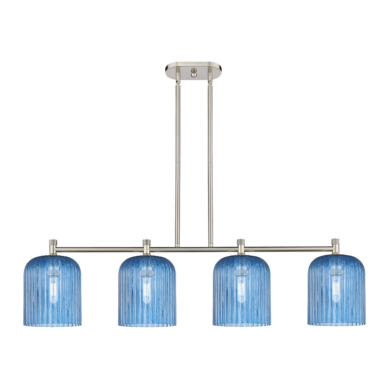 Innovations Crown Point 48in 4-Light Island Light | Industrial Satin Nickel and Princess Blue Glass | Kitchen Island | Model 434-4I-SN-G559-8BL