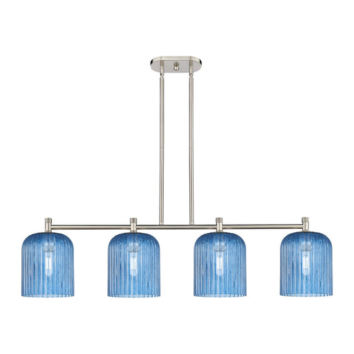 Innovations Crown Point 48in 4-Light Island Light | Industrial Satin Nickel and Princess Blue Glass | Kitchen Island | Model 434-4I-SN-G559-8BL