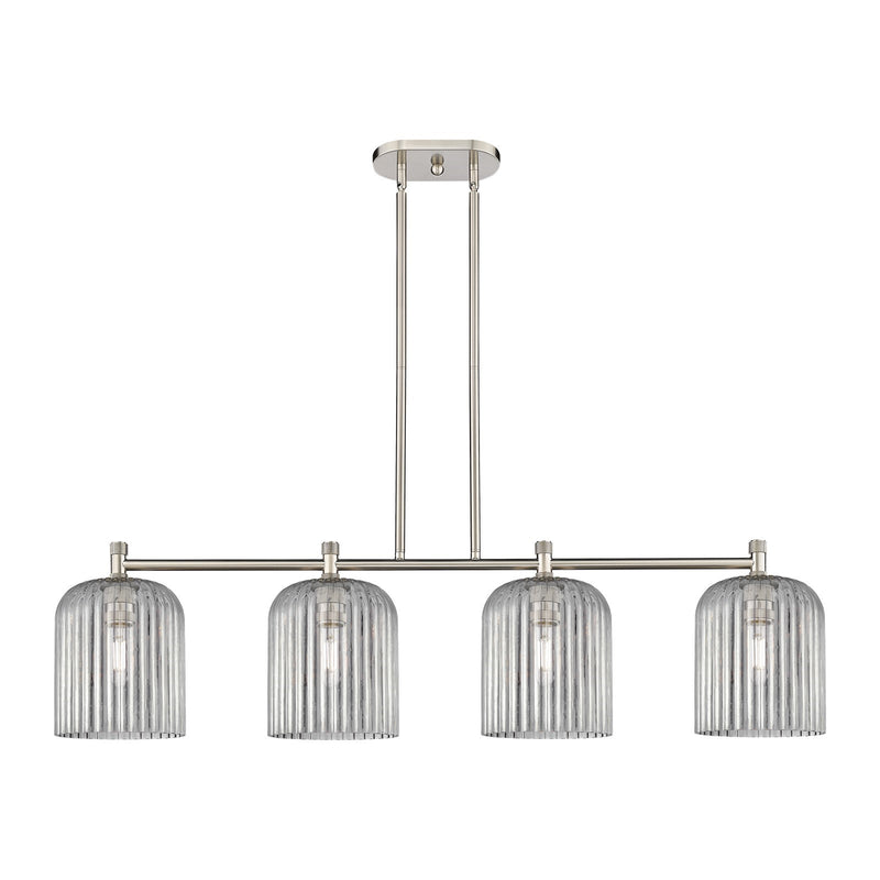 Innovations Crown Point 48in 4-Light Island Light | Industrial Satin Nickel and Light Smoke Glass | Kitchen Island | Model 434-4I-SN-G559-8SM