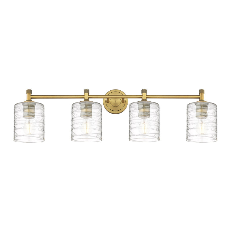 Innovations Cobbleskill 35in 4-Light Bath Vanity Light | Industrial Brushed Brass and Deco Swirl Glass | Bathroom & Powder | Model 434-4W-BB-G1113