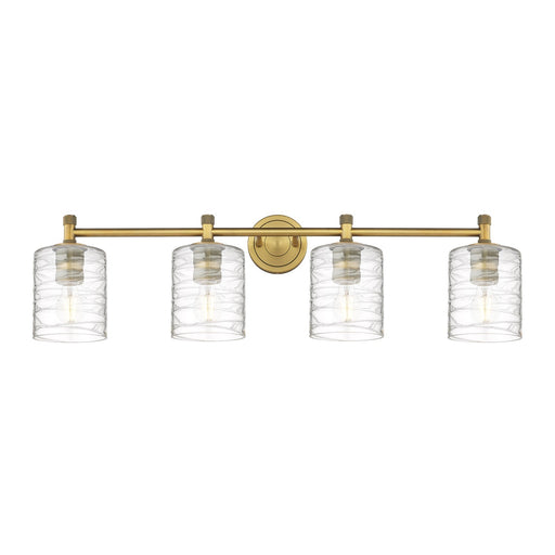 Innovations Cobbleskill 35in 4-Light Bath Vanity Light | Industrial Brushed Brass and Deco Swirl Glass | Bathroom & Powder | Model 434-4W-BB-G1113