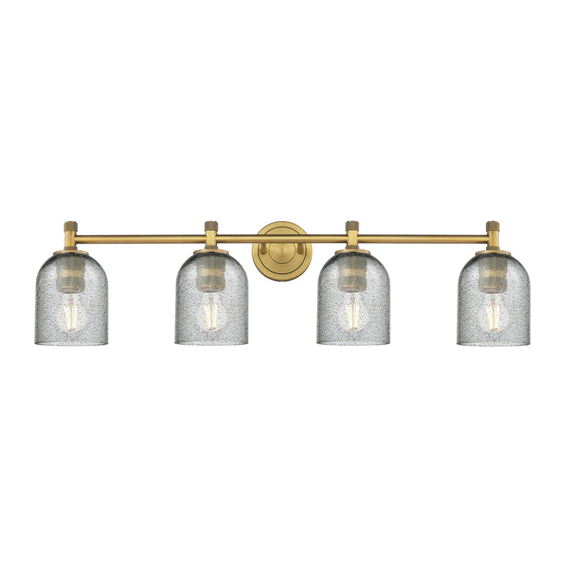 Innovations Caledonia 35.5in 4-Light Bath Vanity Light | Industrial Brushed Brass and Charcoal Glass | Bathroom Vanity | Model 434-4W-BB-G257