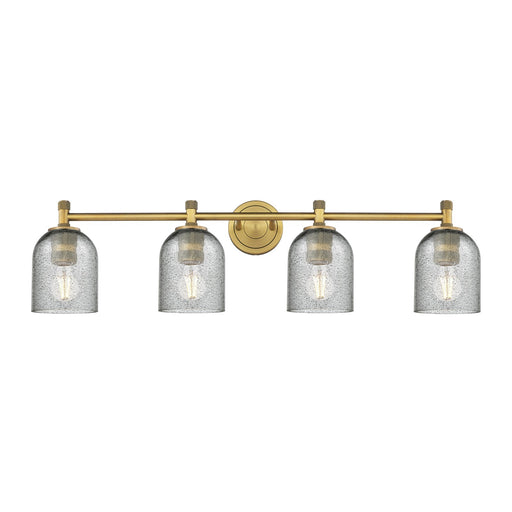 Innovations Caledonia 35.5in 4-Light Bath Vanity Light | Industrial Brushed Brass and Charcoal Glass | Bathroom Vanity | Model 434-4W-BB-G257