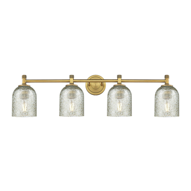 Innovations Caledonia 35.5in 4-Light Bath Vanity Light | Industrial Brushed Brass and Mica Glass | Bathroom Vanity | Model 434-4W-BB-G259