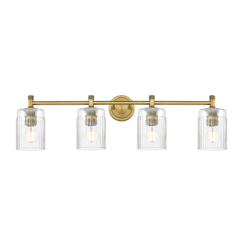 Innovations Hadley 35in 4-Light Bath Vanity Light | Industrial Brushed Brass and Clear Ribbed Glass | Bathroom Vanity | Model 434-4W-BB-G342