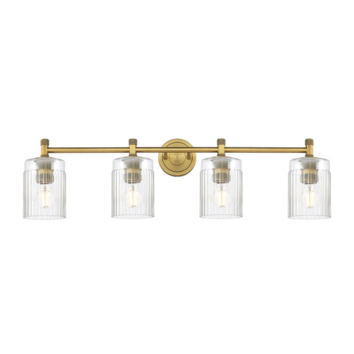 Innovations Hadley 35in 4-Light Bath Vanity Light | Industrial Brushed Brass and Clear Ribbed Glass | Bathroom Vanity | Model 434-4W-BB-G342