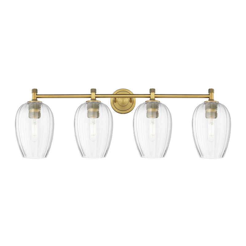 Innovations Preston Flute 37in 4-Light Bath Vanity | Industrial Brushed Brass and Clear Glass | Bathroom Vanity Light | Model 434-4W-BB-G457-6CL