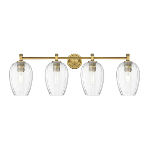 Innovations Preston Flute 37in 4-Light Bath Vanity | Industrial Brushed Brass and Clear Glass | Bathroom Vanity Light | Model 434-4W-BB-G457-6CL